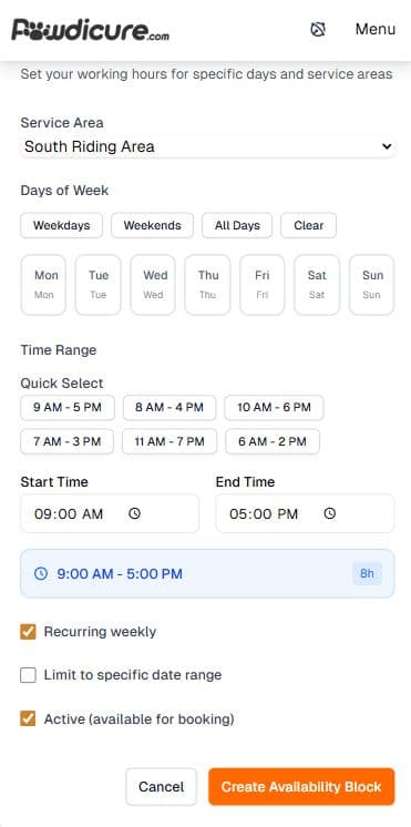 Availability creation screen