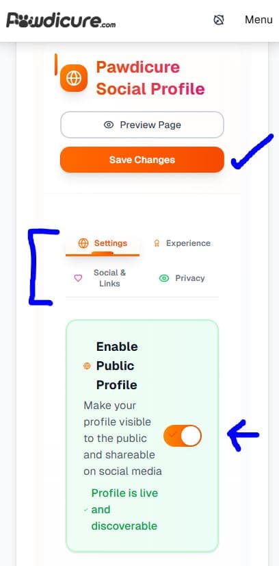 Public profile settings screen showing the Enable Public Profile toggle