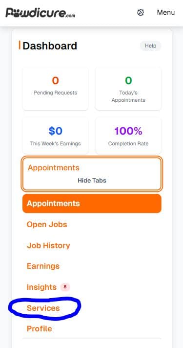 Services setup screen showing service toggles
