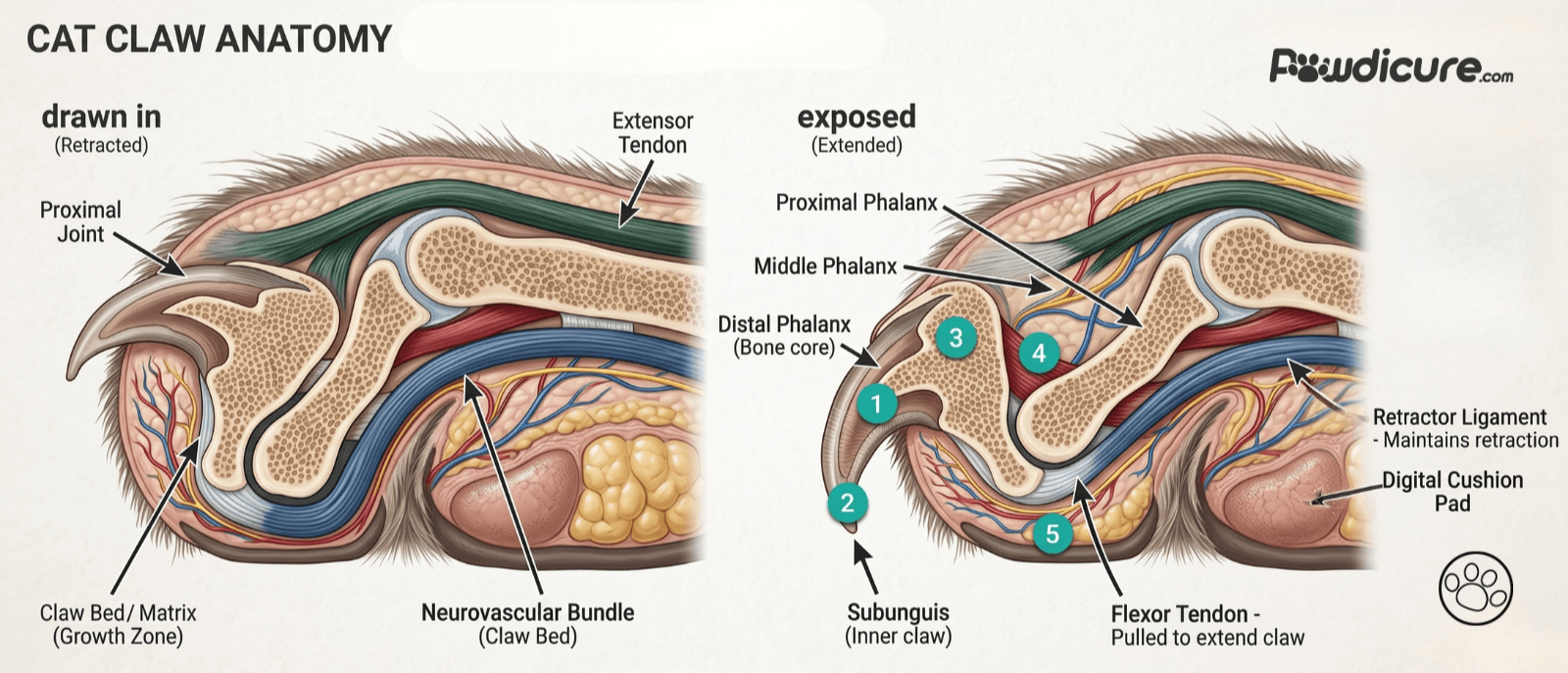 Diagram showing cat claw anatomy with the claw bed, neurovascular bundle, tendons, phalanges, subunguis, and digital cushion pad