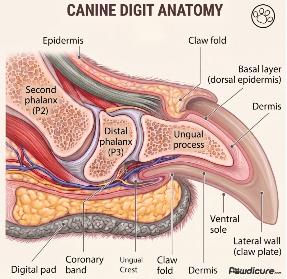 Diagram showing dog nail anatomy with the outer nail, quick, blood vessels, nerves, and paw pad